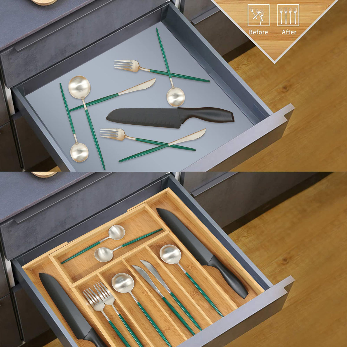 Bamboo Drawer Organizer with Adjustable Dividers, Medium, Brown I4031