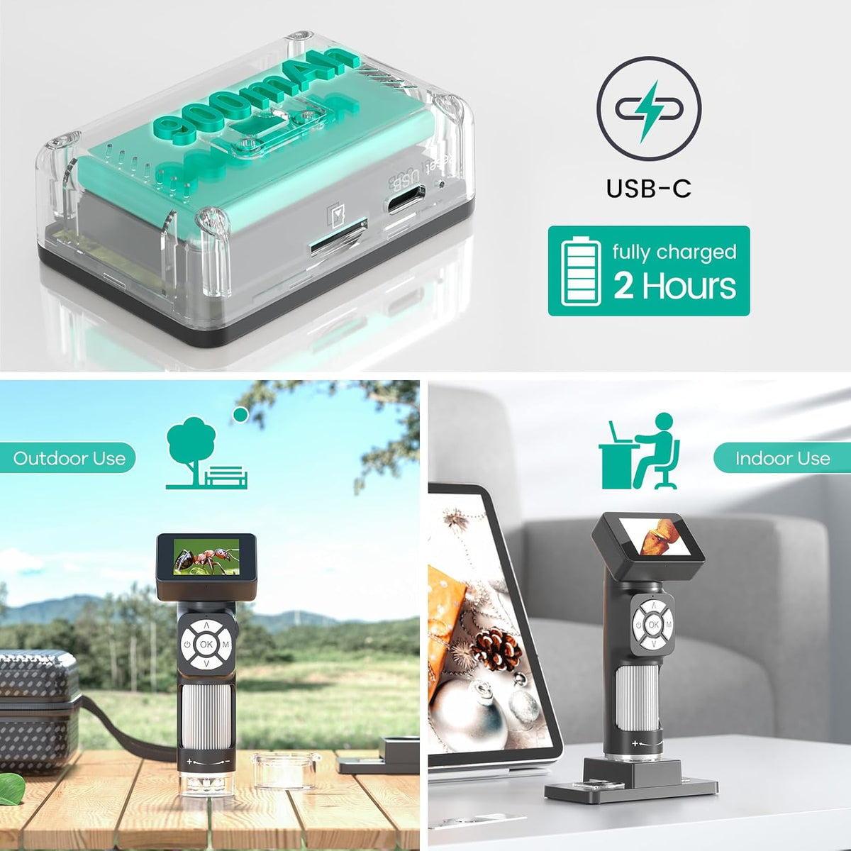 Portable Pocket Microscope Kit with 2" LCD Screen, 500X, 8 Adjustable LED Lights, 32GB SD Card C448