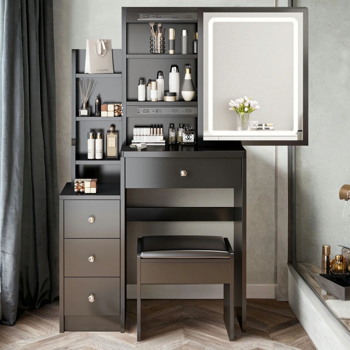 White Vanity Table with Lighted Mirror and Stool S5706