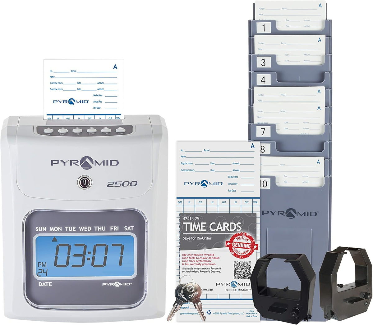 Time Clock Bundle with 100 Time Cards, Two Ink Ribbon Cartridges, 10 Slot Time Card Rack and Two Security Keys I23481
