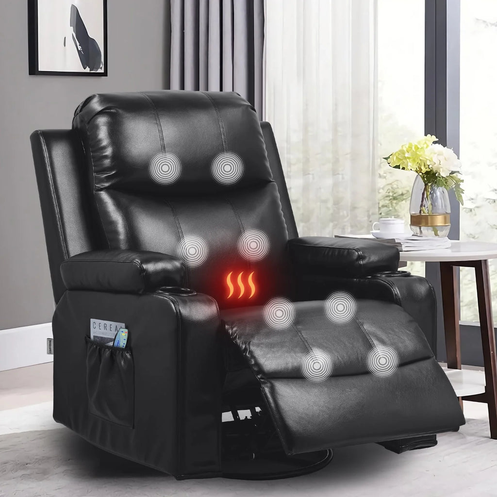 Black PU Leather Swivel Rocker Recliner Chair with Heat and Massage A6587