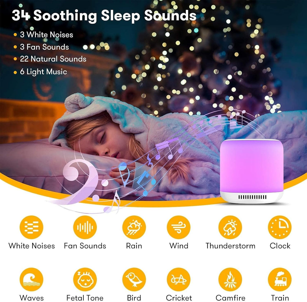 34 Soothing Sounds Rechargeable White Noise Machine with Night Light O366364