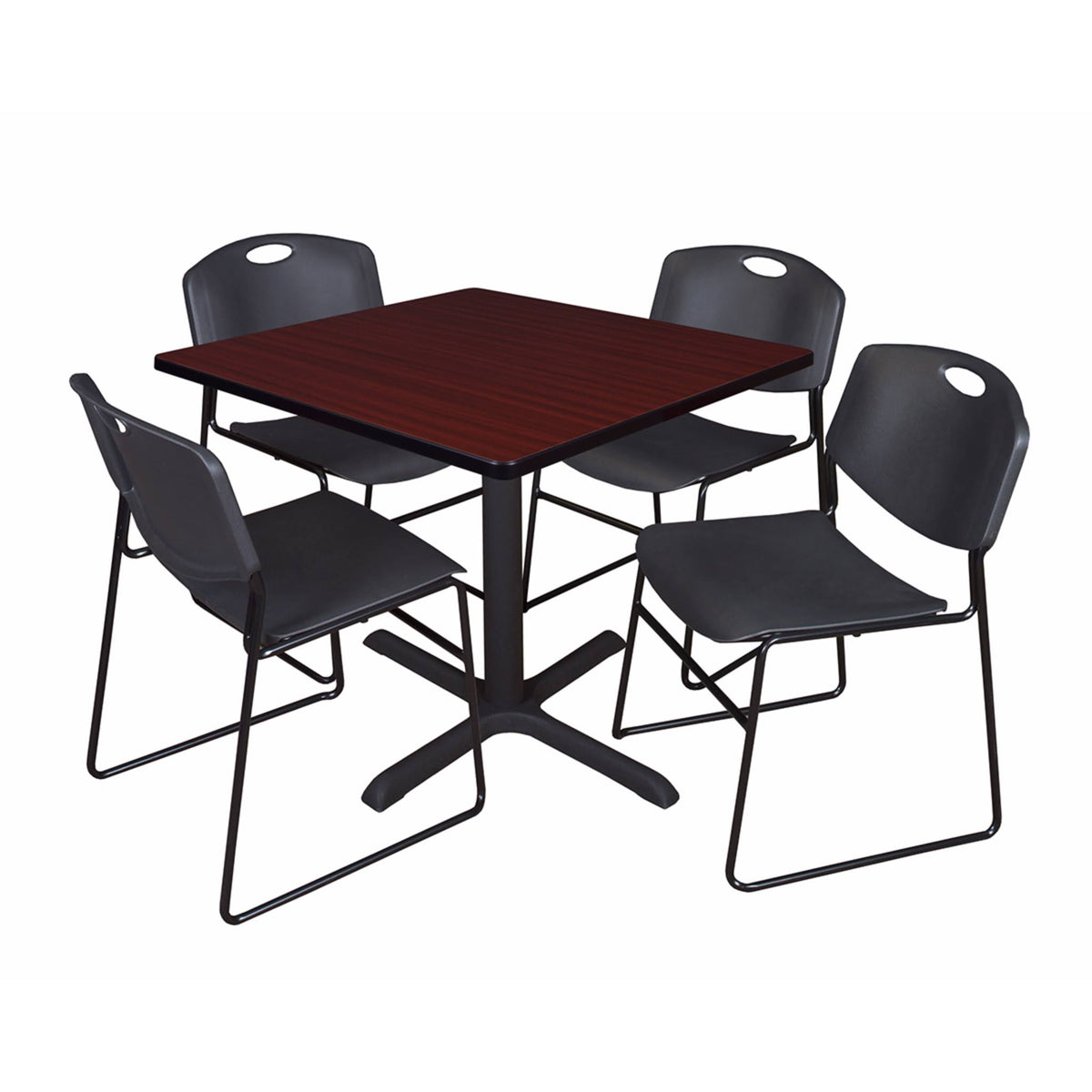 Mahogany Square Breakroom Table & 4 Black Stack Chairs A43674