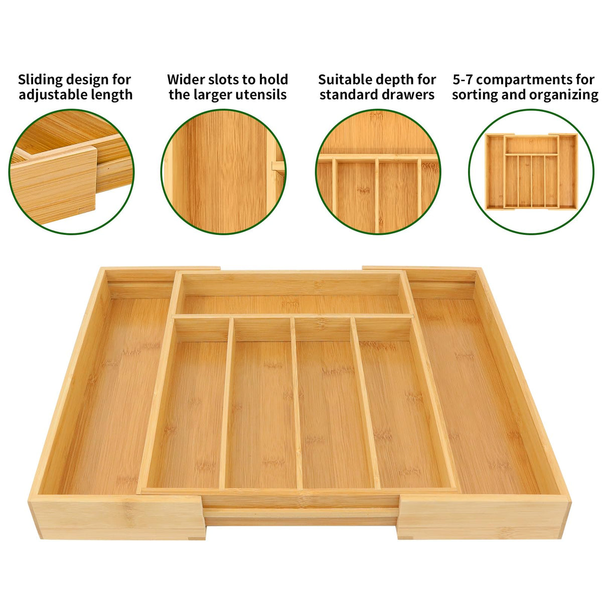 Bamboo Drawer Organizer with Adjustable Dividers, Medium, Brown I4031