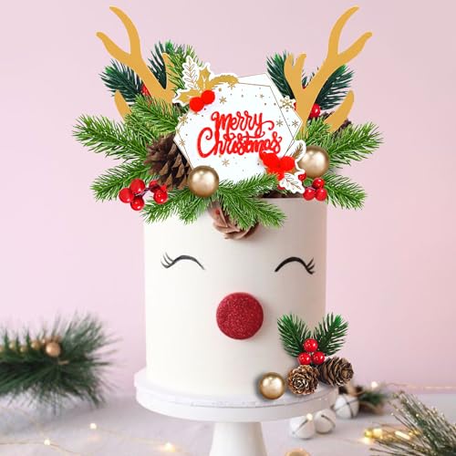 Christmas Cake Topper Deer Elk Cake Decorations with Pine Tree Pine Cones Golden Ball X7948