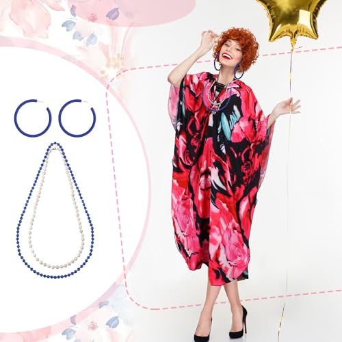 5 Pcs Halloween Costume Set with Print Caftan Dress Curly Wig Bead Necklace Earring S627727