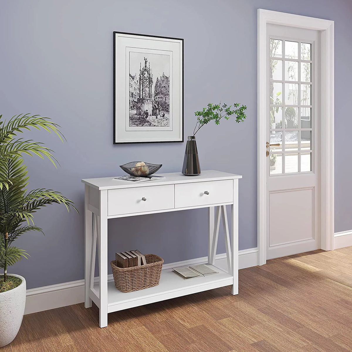 2 Tier Console Table with 1 Drawer and Open Storage Shelf, White D419532