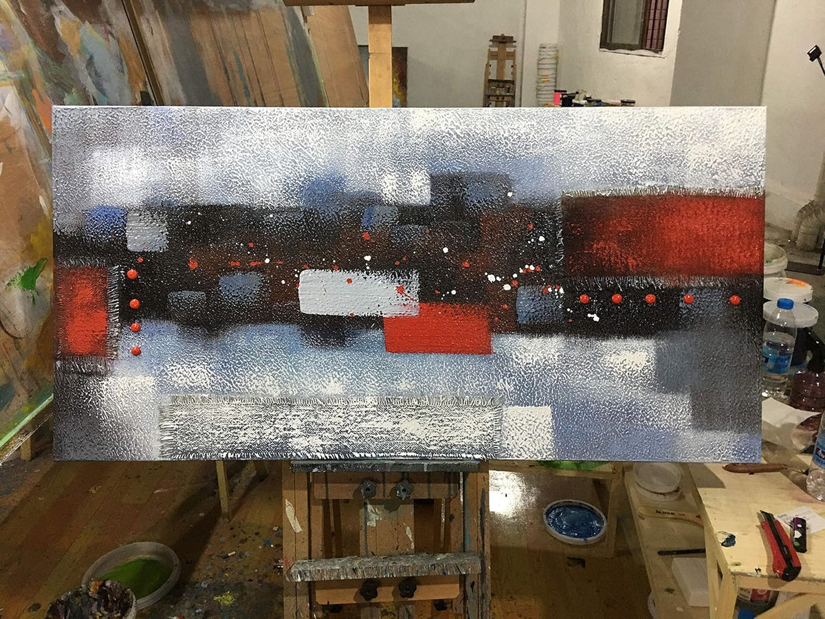 Red Gray Textured 3D Oil Painting on Canvas, Pack of 2 G202