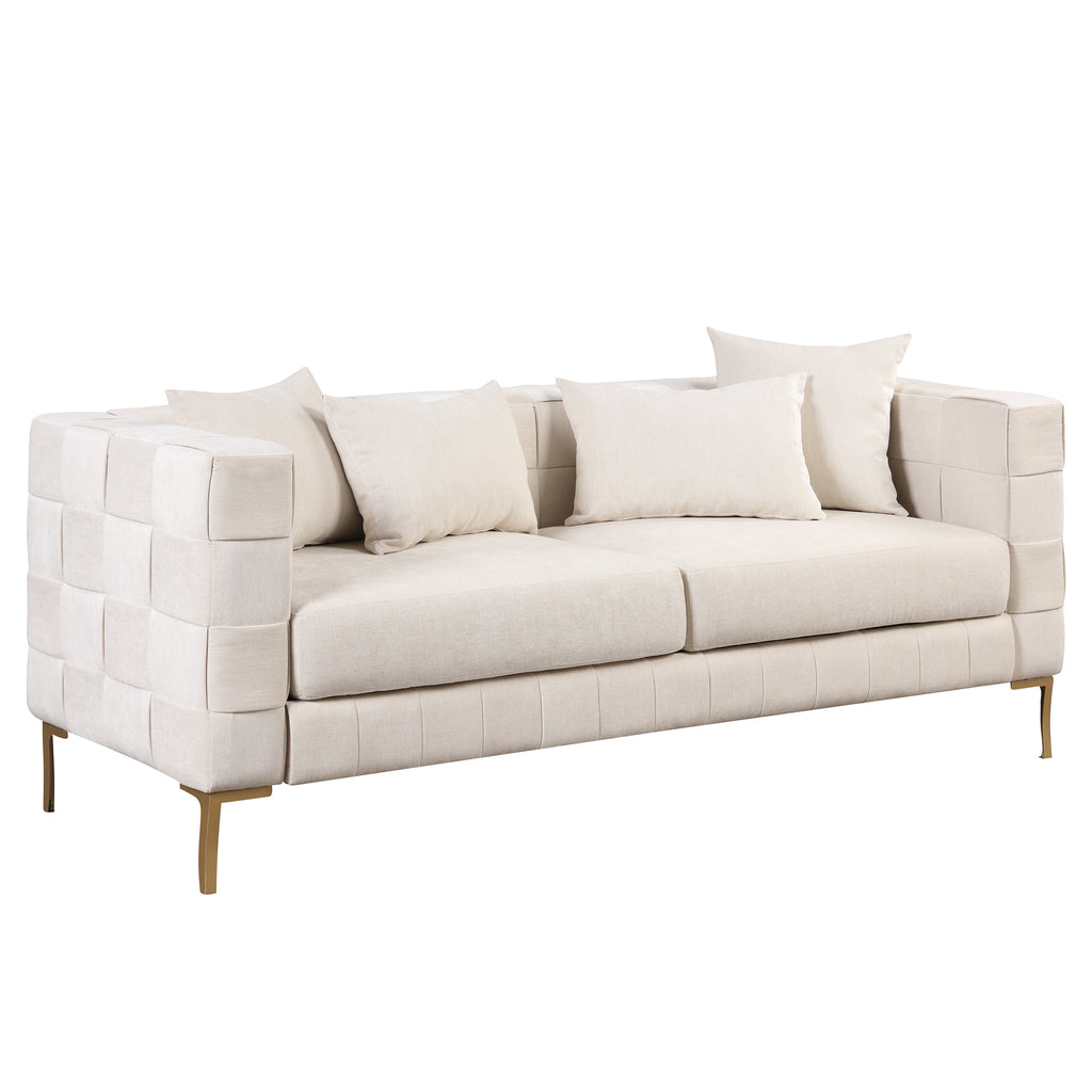 Beige Upholstered Sofa with 4 Pillows and Golden Metal Legs E4997