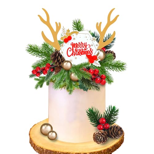 Christmas Cake Topper Deer Elk Cake Decorations with Pine Tree Pine Cones Golden Ball X7948