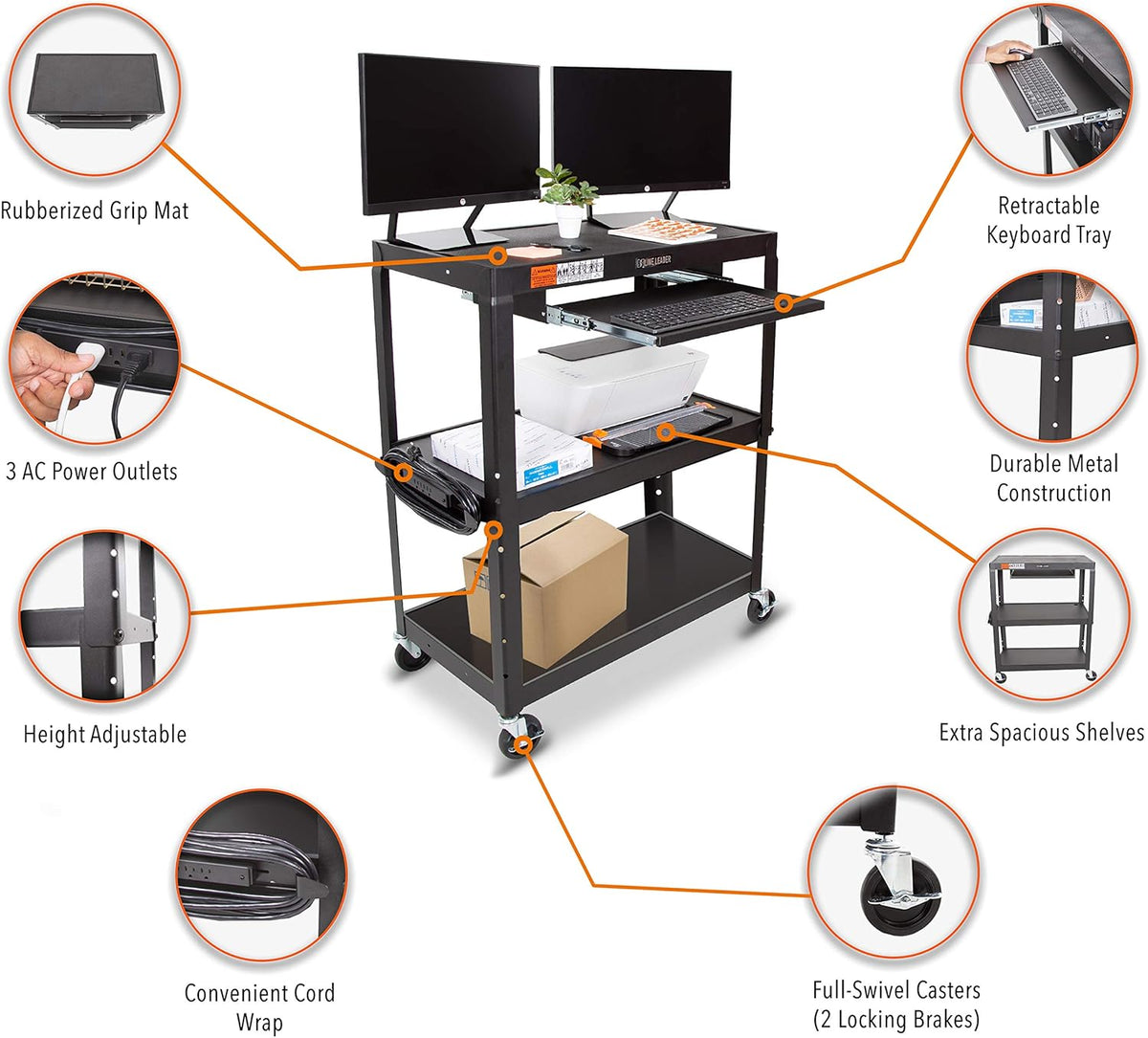 Large AV Cart with Retractable Keyboard Tray Height Adjustable Utility Cart Black 34in x 18in x 42in X872