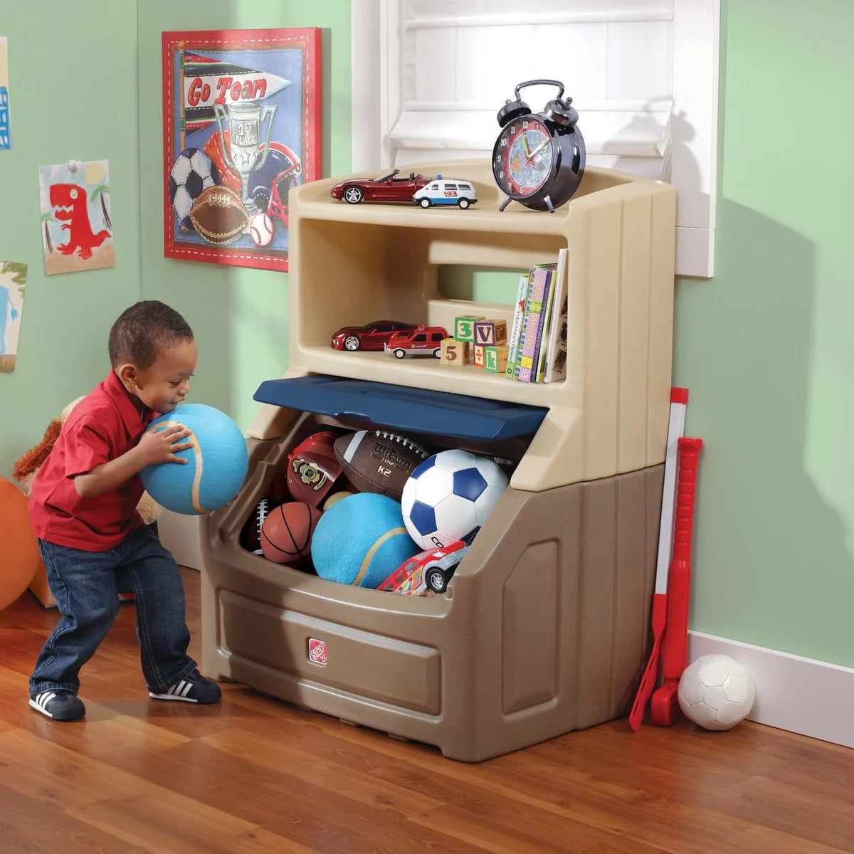 Brown and Blue Plastic Toddler Bookcase and Toy Box M780
