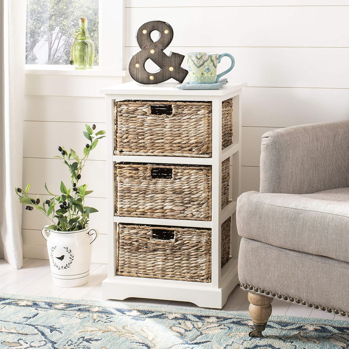 Distressed Black 3 Wicker Basket Storage Side Table I1730