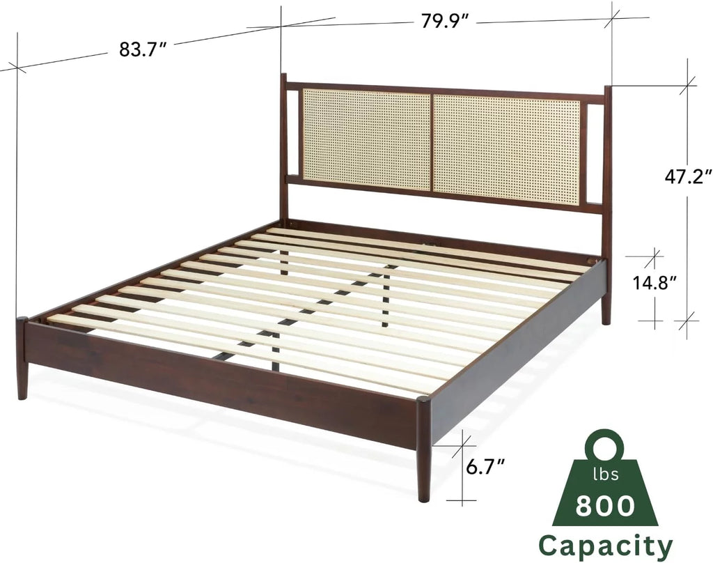 King Acacia Wood Bed Frame with Rattan Headboard V575222
