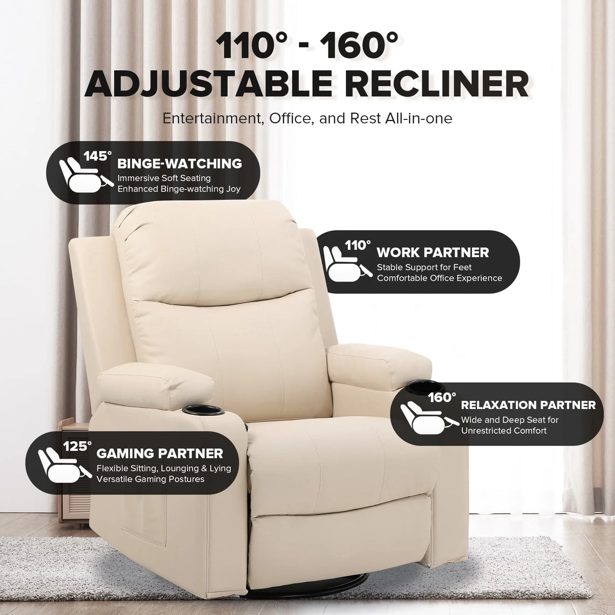 Black PU Leather Swivel Rocker Recliner Chair with Heat and Massage A6587