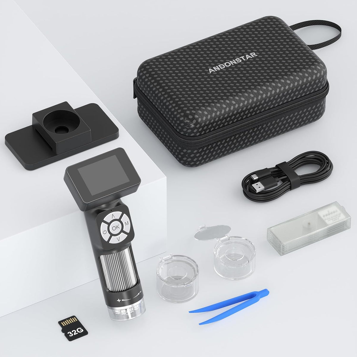 Portable Pocket Microscope Kit with 2" LCD Screen, 500X, 8 Adjustable LED Lights, 32GB SD Card C448