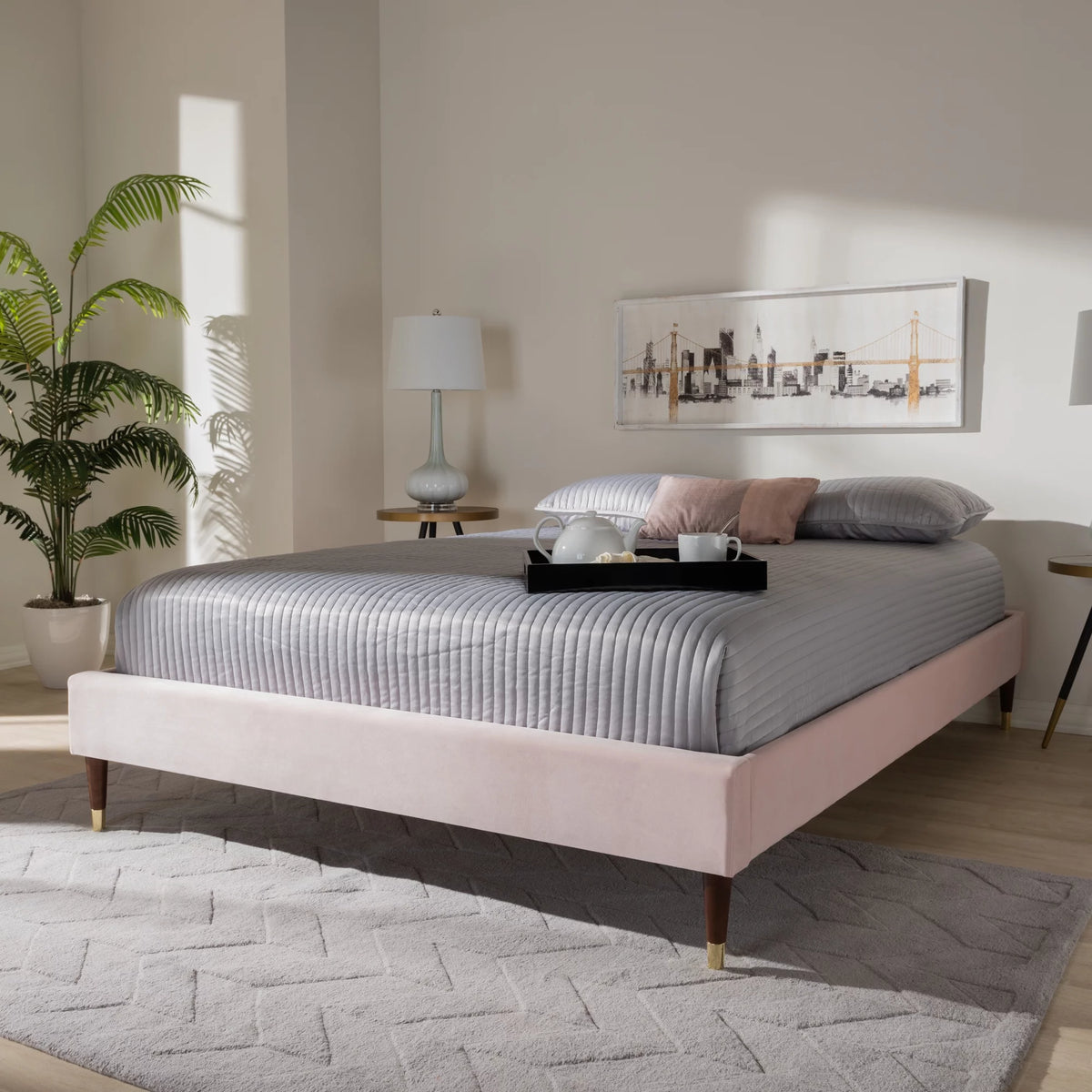 Velvet Upholstered Wood Platform King Bed X923