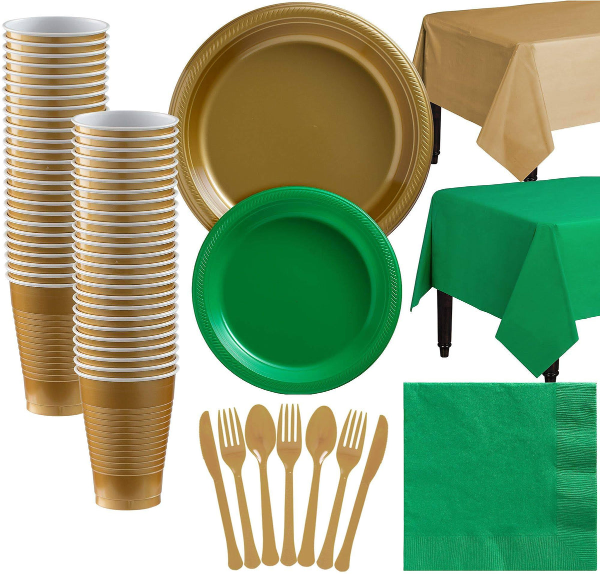 Gold and Green Plastic Tableware Kit, 487 Pieces P54161