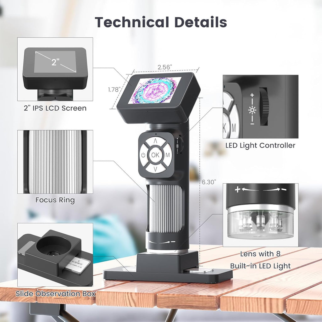 Portable Pocket Microscope Kit with 2" LCD Screen, 500X, 8 Adjustable LED Lights, 32GB SD Card C448
