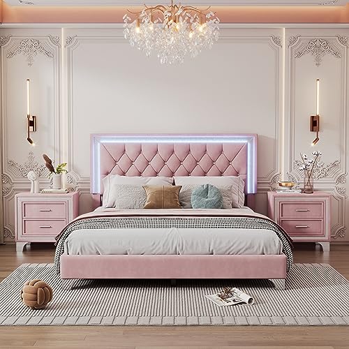 Queen Size Velvet Upholstered Platform Bed with 2 Nightstands J5874