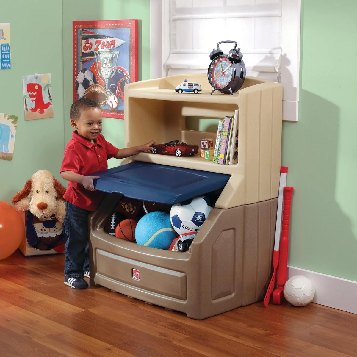 Brown and Blue Plastic Toddler Bookcase and Toy Box M780