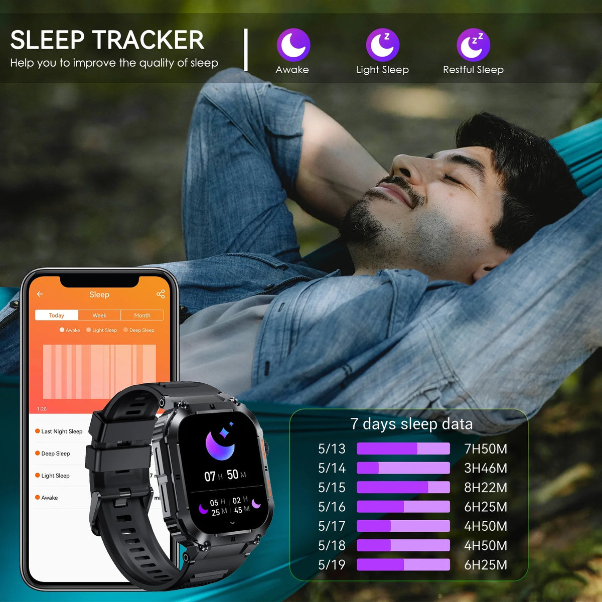 Rugged Tactical Smart Watch with 1.96'' HD Outdoor Fitness Tracker O5326