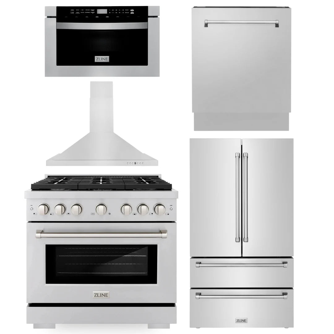 36 in. Gas Range, Range Hood, Microwave Drawer, Dishwasher, Refrigerator S903081