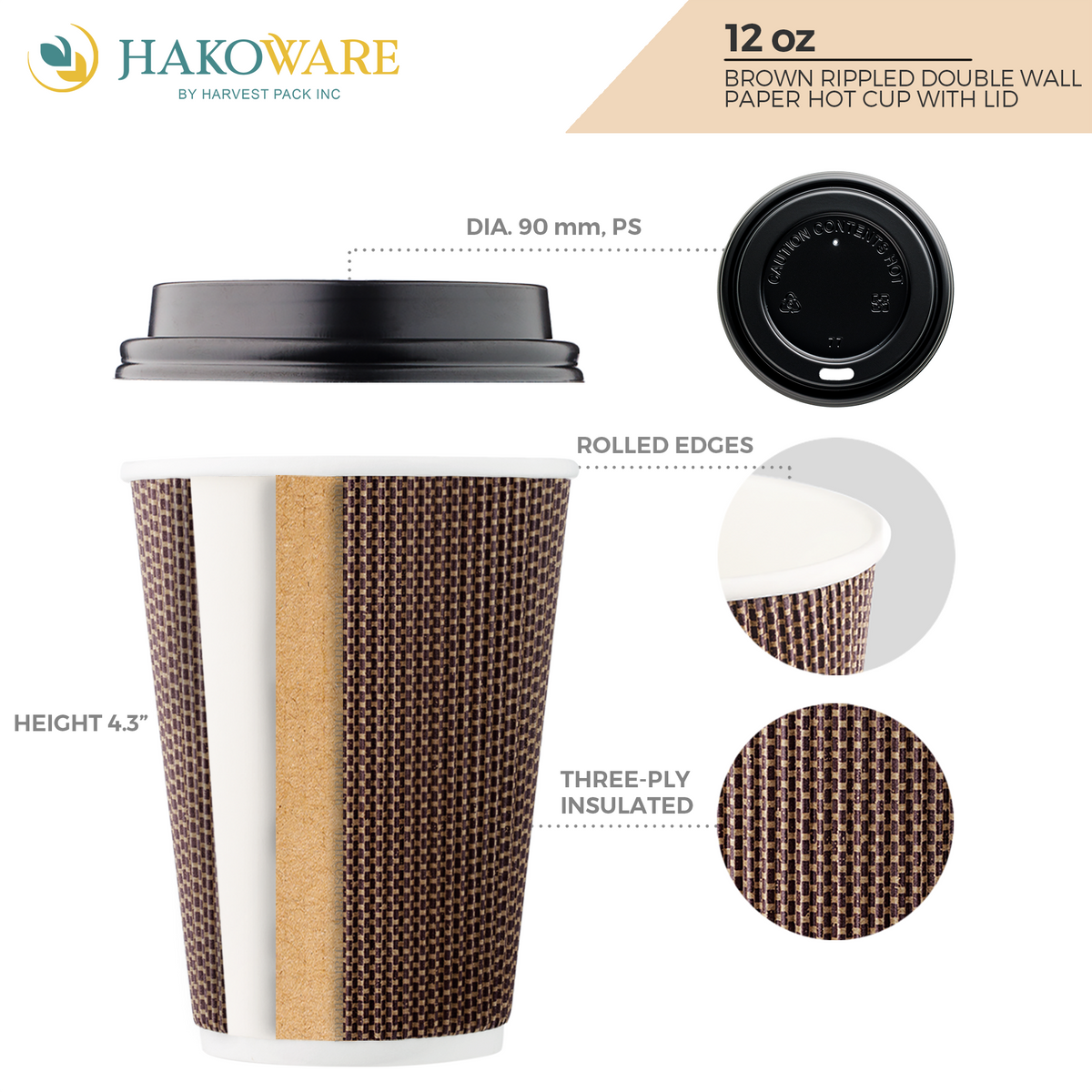 Disposable 12 fl oz Brown Rippled Double-Walled Paper Hot Cup with Lid 400 Sets U61868