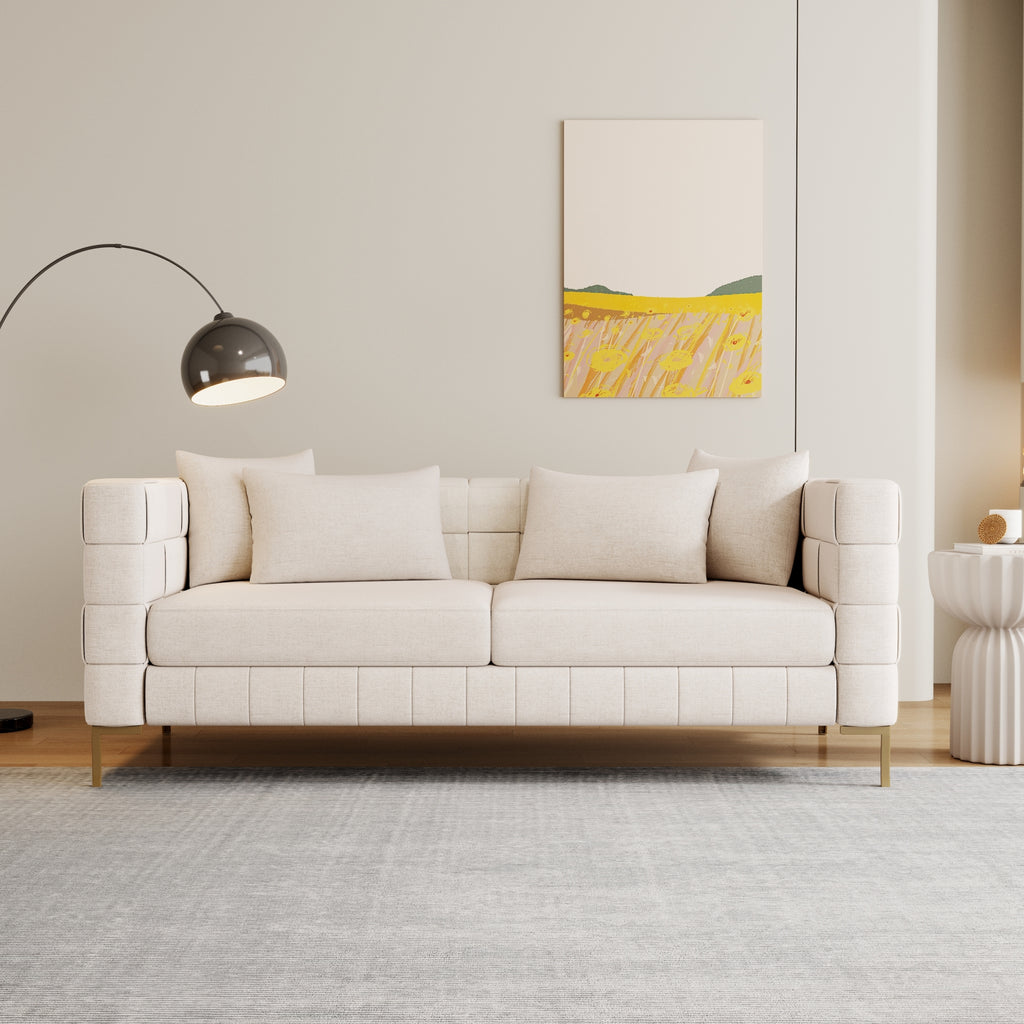 Beige Upholstered Sofa with 4 Pillows and Golden Metal Legs E4997