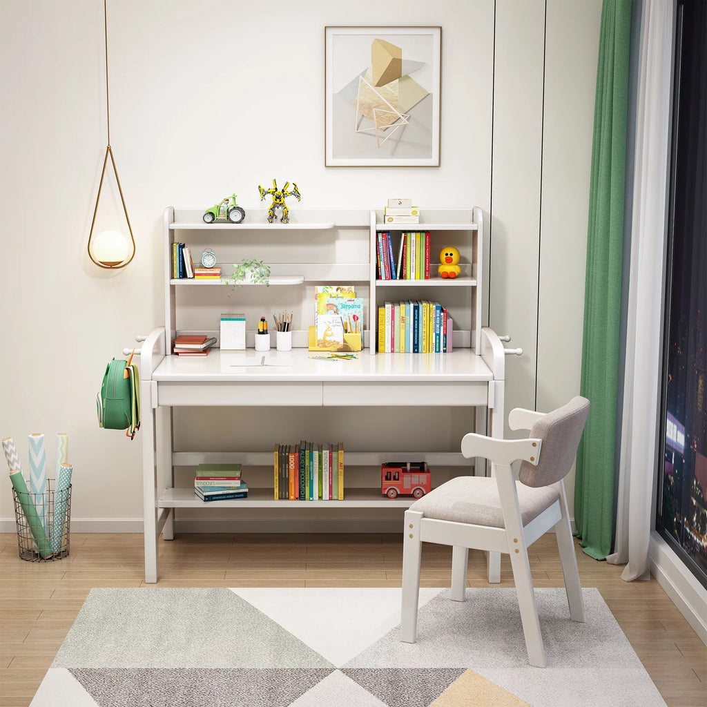 Kids Desk and Chair Set with Drawer and Bookshelf White I318614