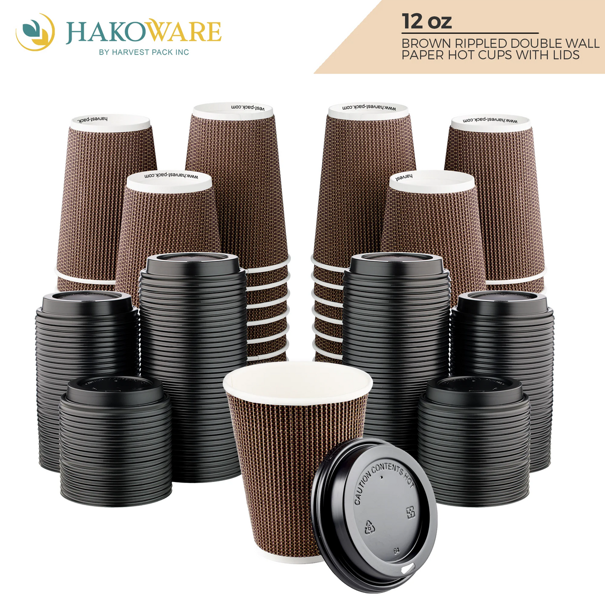 Disposable 12 fl oz Brown Rippled Double-Walled Paper Hot Cup with Lid 400 Sets U61868