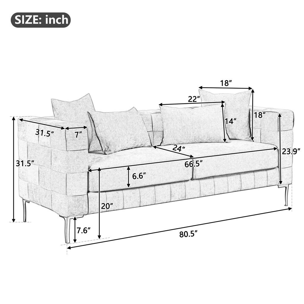 Beige Upholstered Sofa with 4 Pillows and Golden Metal Legs E4997