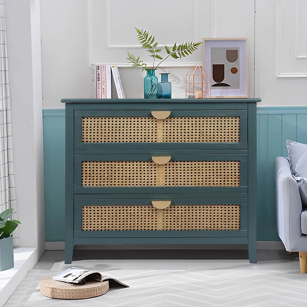 3 Drawer Rattan Dresser with Golden Metal Handles G895590