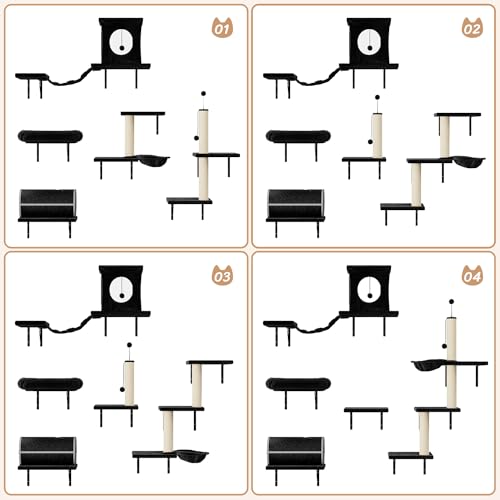 7-in-1 Wall Mounted Cat Climber Set with Cat House, Tunnel, Bridge, Tree, Steps, Scratcher Board and Hammock (Grey) H740635