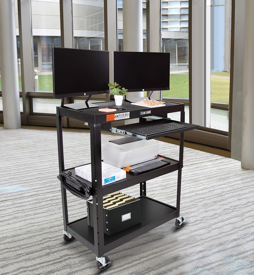 Large AV Cart with Retractable Keyboard Tray Height Adjustable Utility Cart Black 34in x 18in x 42in X872