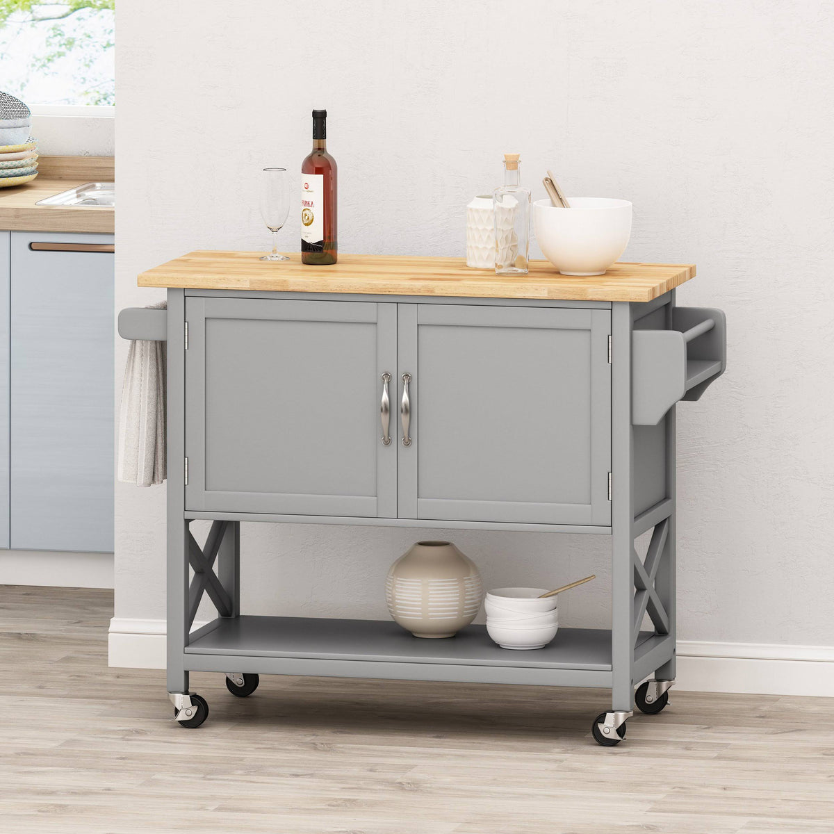 Gray Farmhouse Kitchen Cart with Wheels F401
