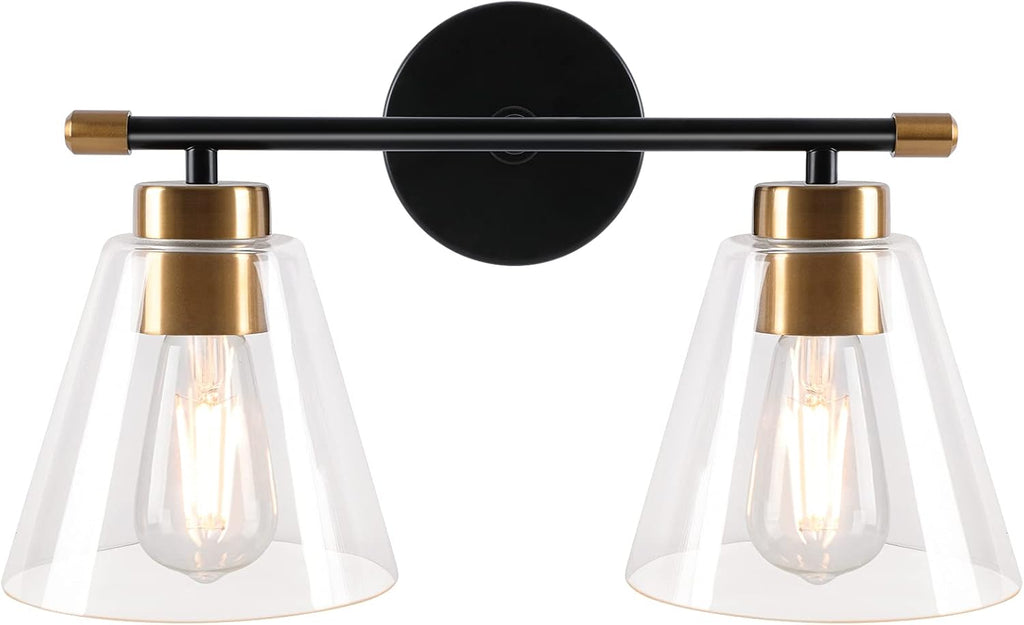2-Light Matte Black Wall Sconce with Clear Glass Shade and Gold Base E717889