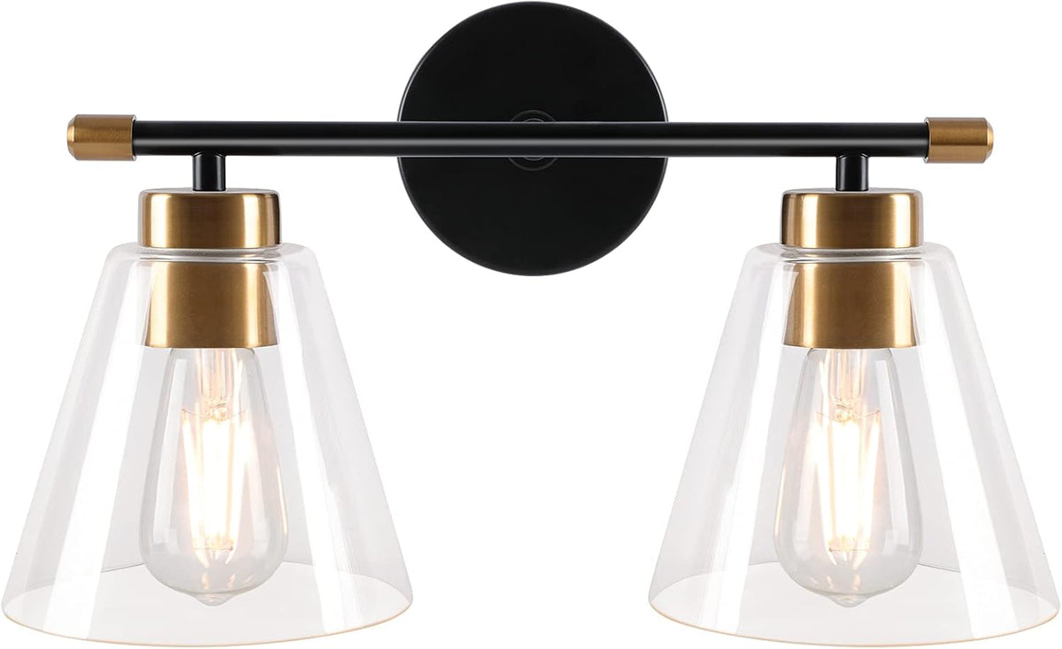 2-Light Matte Black Wall Sconce with Clear Glass Shade and Gold Base E717889
