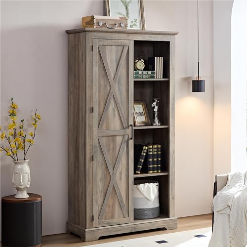 Gray Wash Tall Storage Cabinet with Doors and Open Shelves L88090