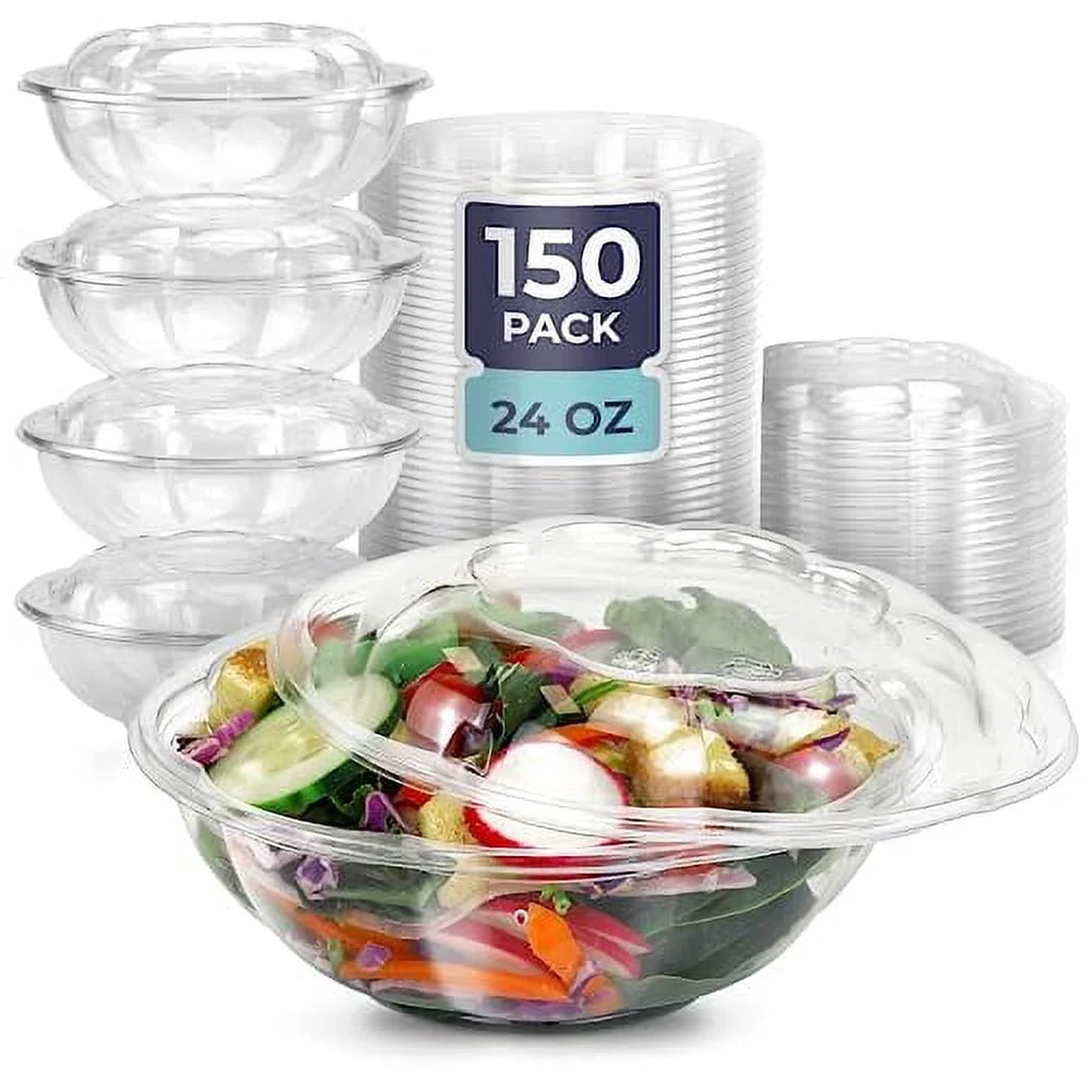 150 Pack 24 oz Clear Plastic Salad Bowls with Airtight Lids D2941