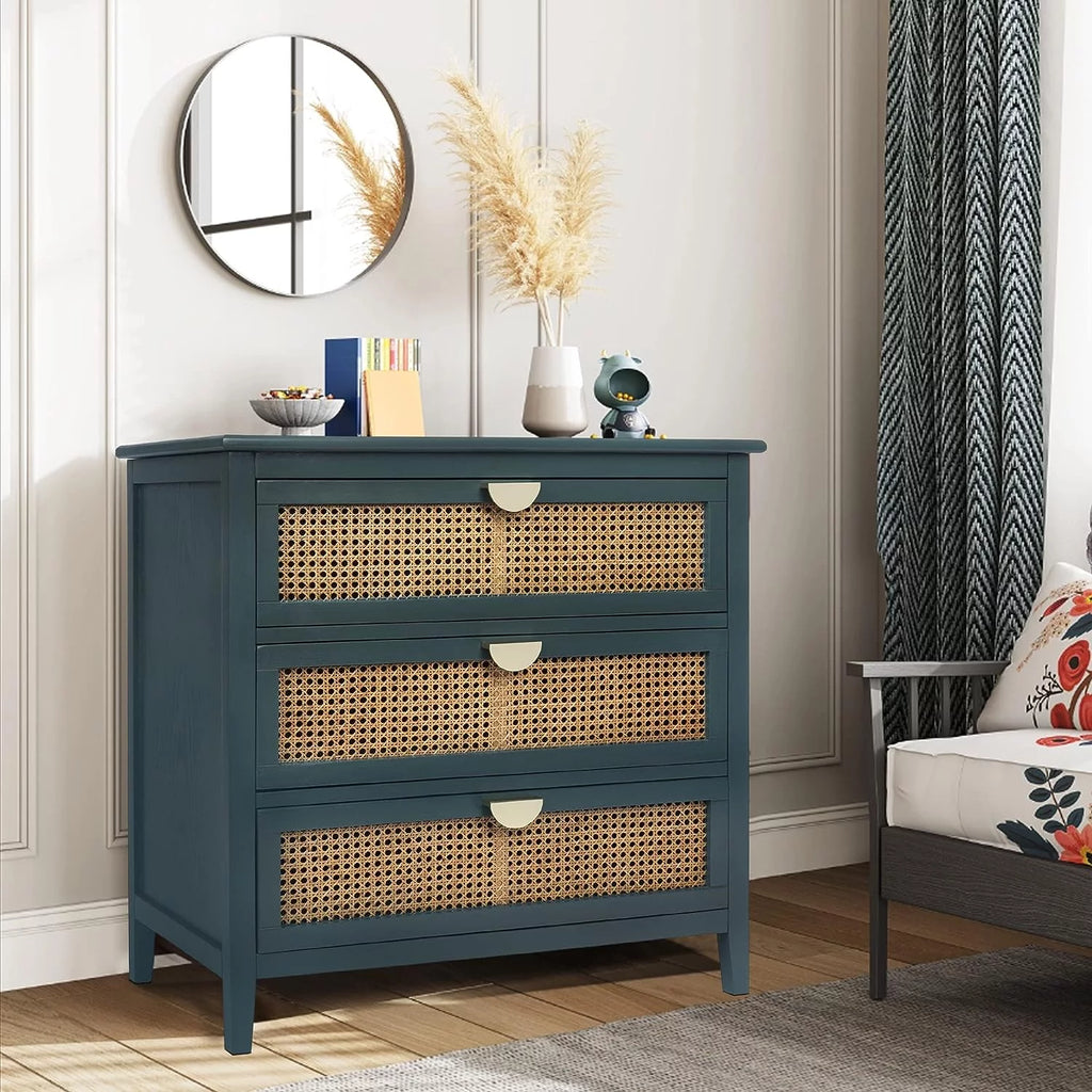 3 Drawer Rattan Dresser with Golden Metal Handles G895590