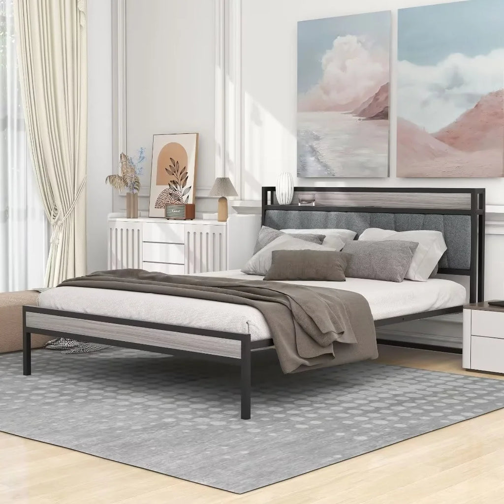 White Metal Platform Bed with Twin Trundle and USB Ports Q98781