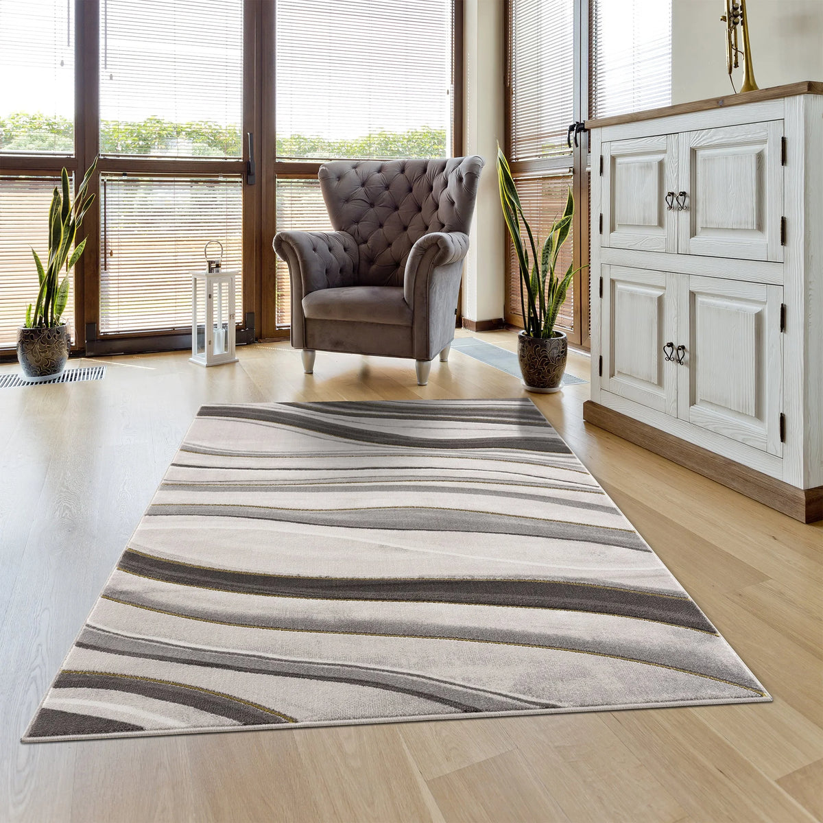 Gold Grey Ivory Abstract Geometric Area Rug A3836