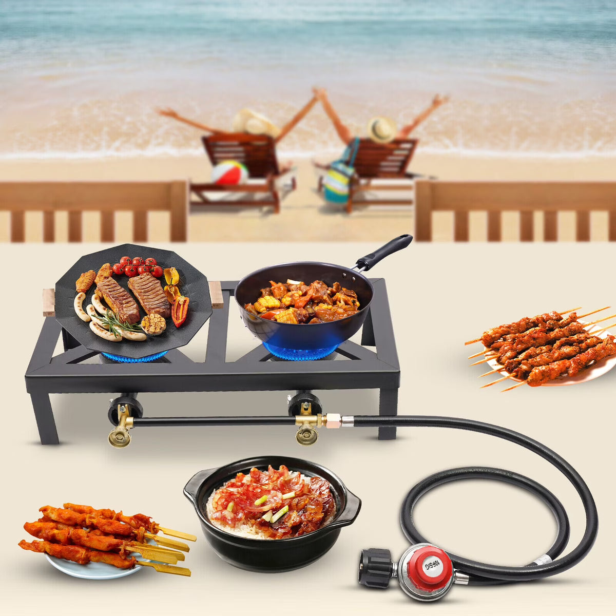 Portable Camping Stove Double Burner Outdoor Gas Stove with Regulator Hose S509972