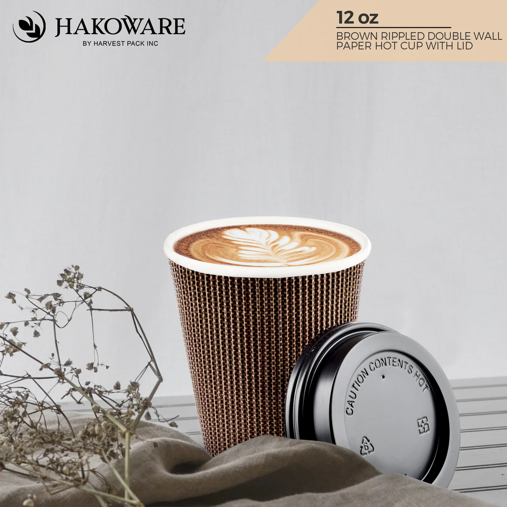 Disposable 12 fl oz Brown Rippled Double-Walled Paper Hot Cup with Lid 400 Sets U61868