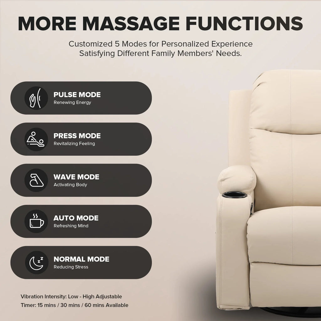 Black PU Leather Swivel Rocker Recliner Chair with Heat and Massage A6587