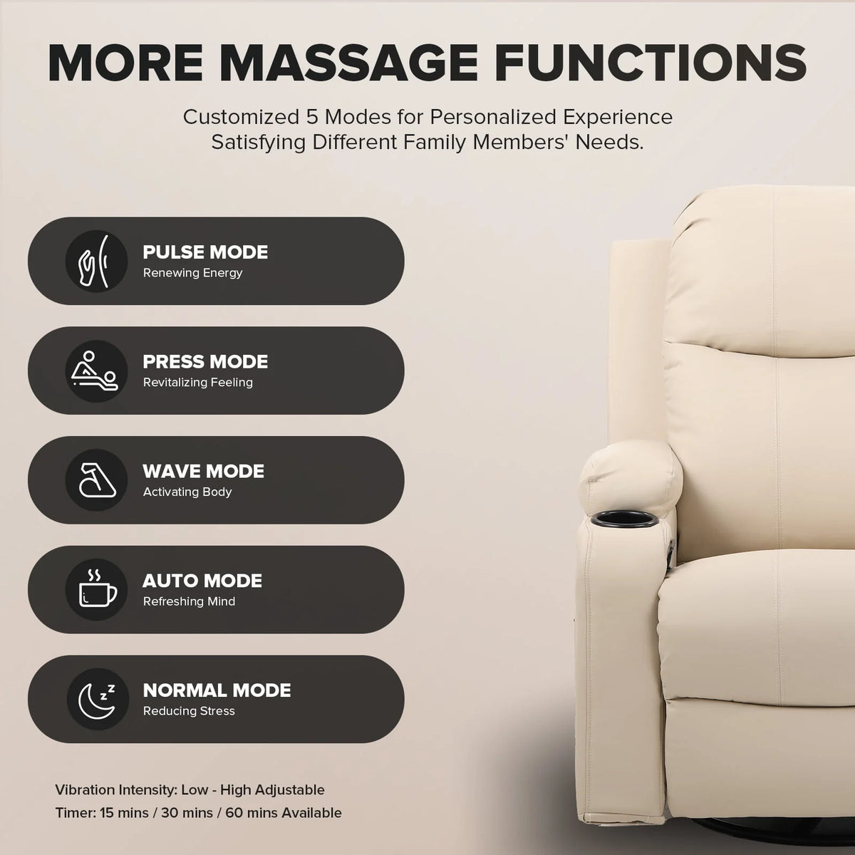 Black PU Leather Swivel Rocker Recliner Chair with Heat and Massage A6587
