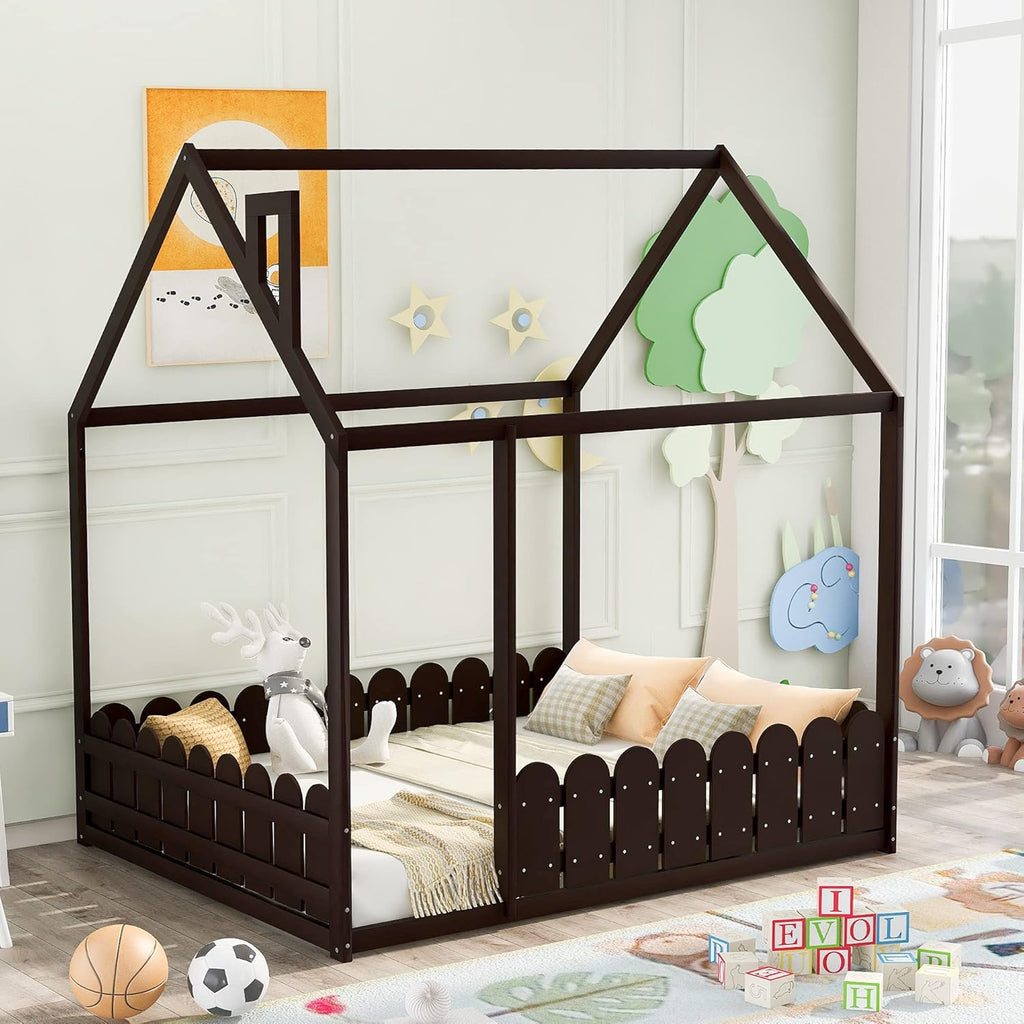White Wood Twin House Shaped Floor Bed S69639