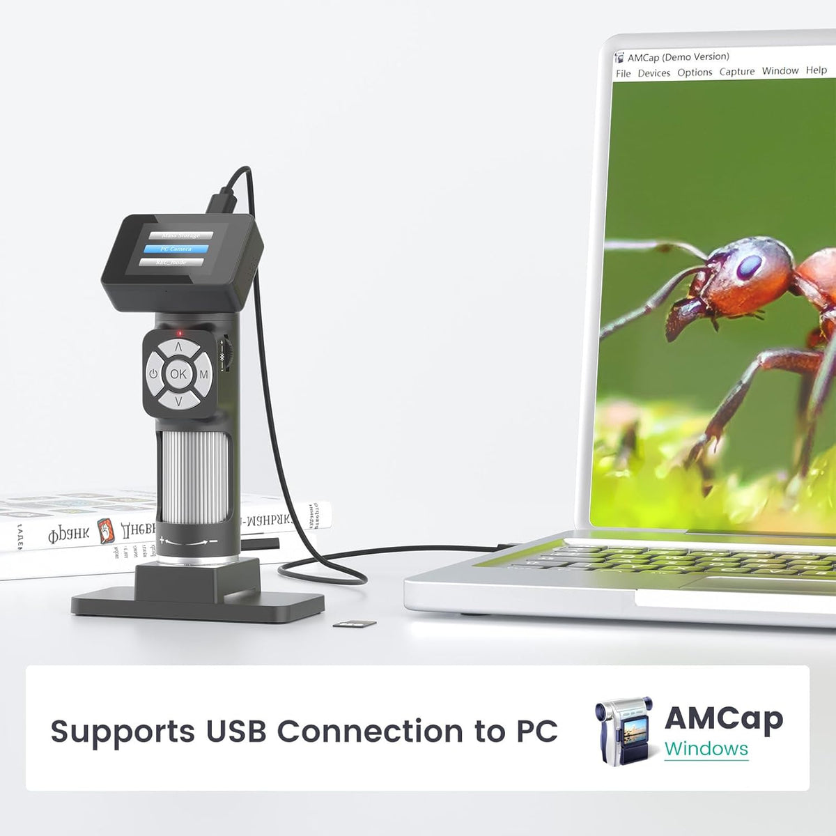 Portable Pocket Microscope Kit with 2" LCD Screen, 500X, 8 Adjustable LED Lights, 32GB SD Card C448
