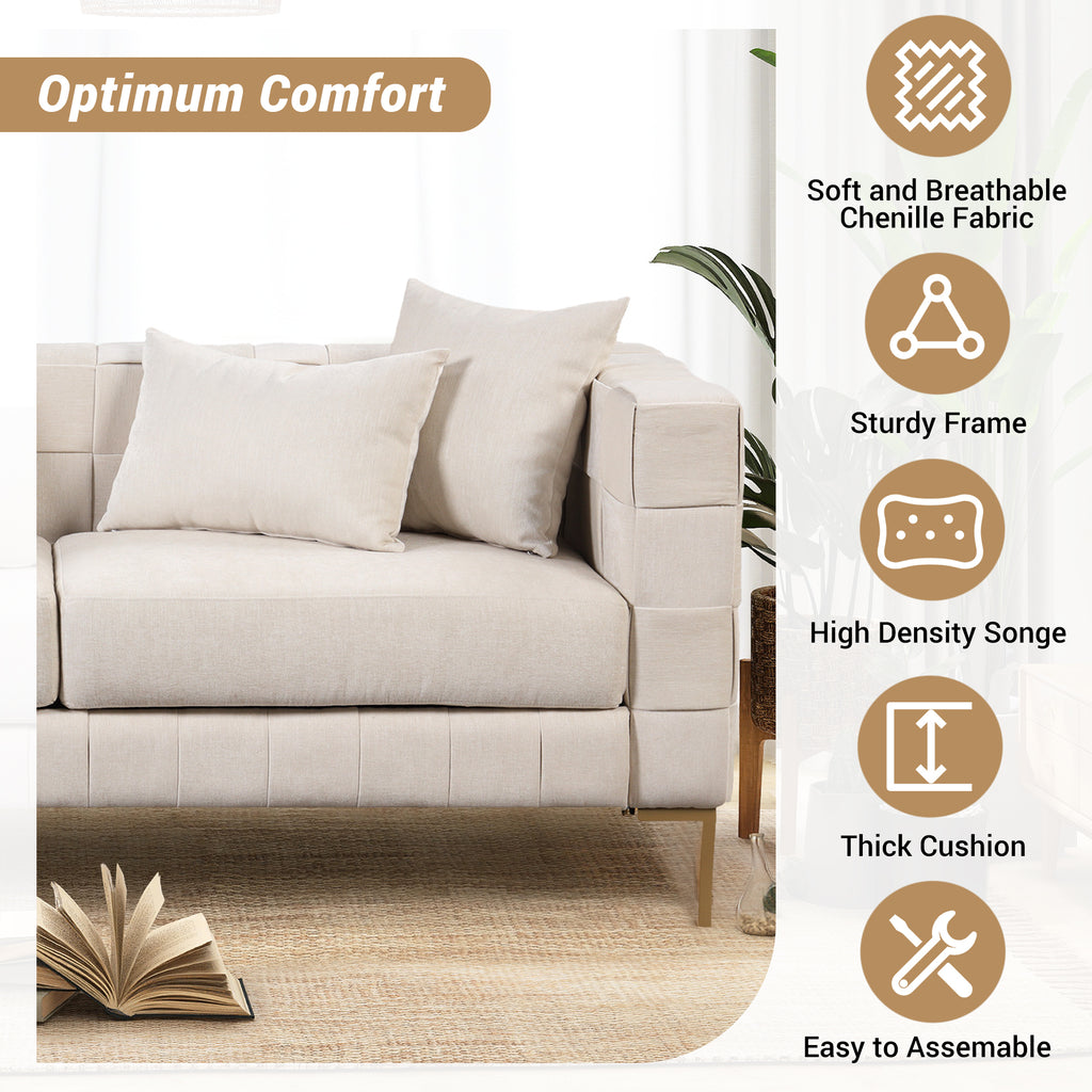 Beige Upholstered Sofa with 4 Pillows and Golden Metal Legs E4997